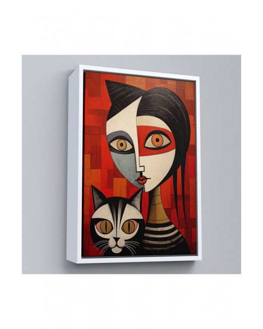 Çerçeveli Pablo Picasso Tarzı - Soyut Renkli Kadın Ve Keditablo-7376