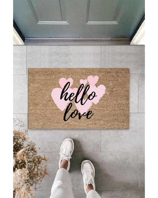 K&G foot rest Dış ve İç Mekan Pembe Kapı Önü Paspası Hello Love Desen Paspas