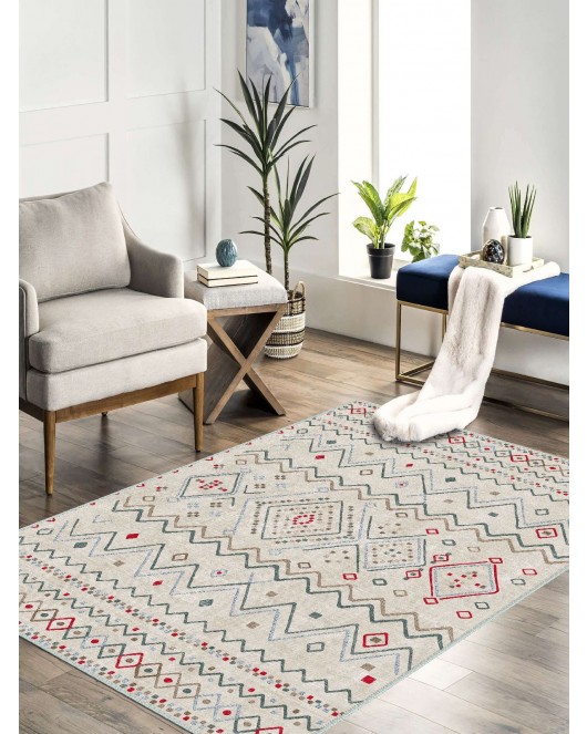 Vintage Desenli Halı, Pamuk Dokuma Pamuklu Taban Dekoratif Halı Kilim 52