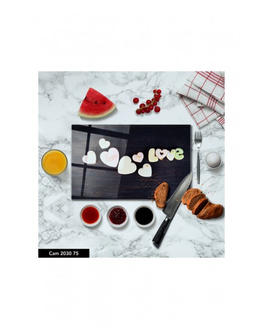 Antibakteriyel Cam Kesme Tahtası | Baskılı Kesim Tablası | 25 x 35 cm