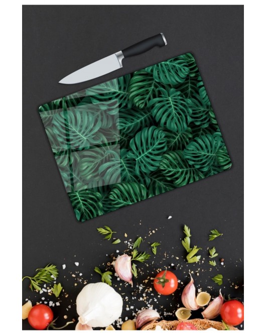 Yeşil Yapraklar Cam Kesme Tahtası 25 x 35 cm