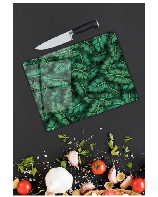 Yeşil Yapraklar Cam Kesme Tahtası 25 x 35 cm