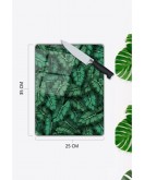 Yeşil Yapraklar Cam Kesme Tahtası 25 x 35 cm