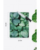 Yeşil Yapraklar Cam Kesme Tahtası 25 x 35 cm