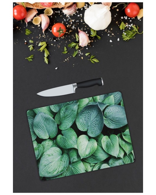 Yeşil Yapraklar Cam Kesme Tahtası 25 x 35 cm